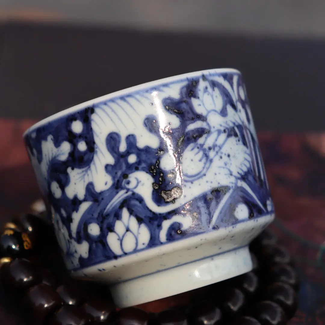 幽蓝溪堂景德镇陶瓷全手工手绘仿元青花一鹭主人杯品茗杯茶杯茶具