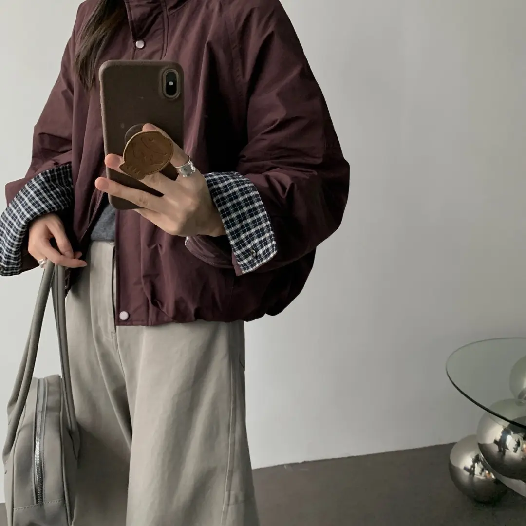 立领落肩袖翻领女直下摆短外套春秋韩版宽松复古风衣棉服棉衣