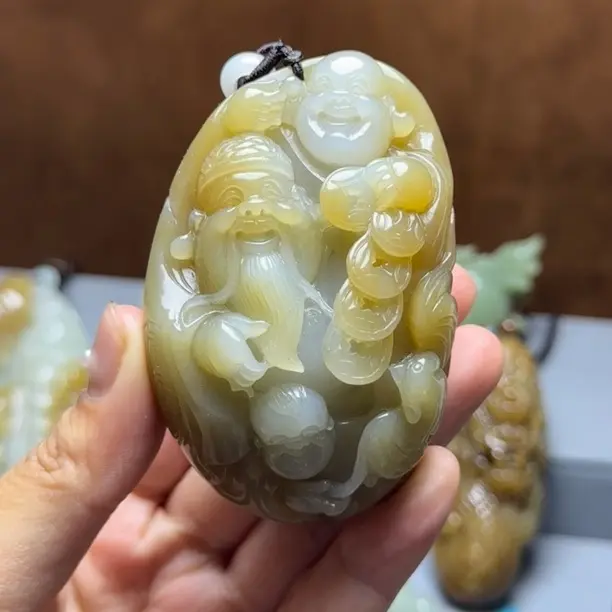 和田玉且末糖白手工雕刻弥勒佛玉石手把件