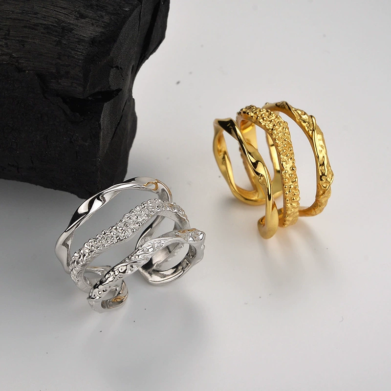 925银戒指 冷淡风三层戒指 韩版小众波浪戒指韩风INS风J478