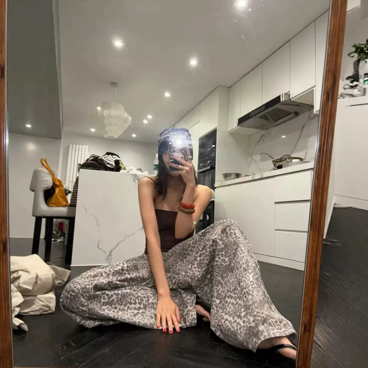 美式复古豹纹印花宽松拖地牛仔裤女秋冬季