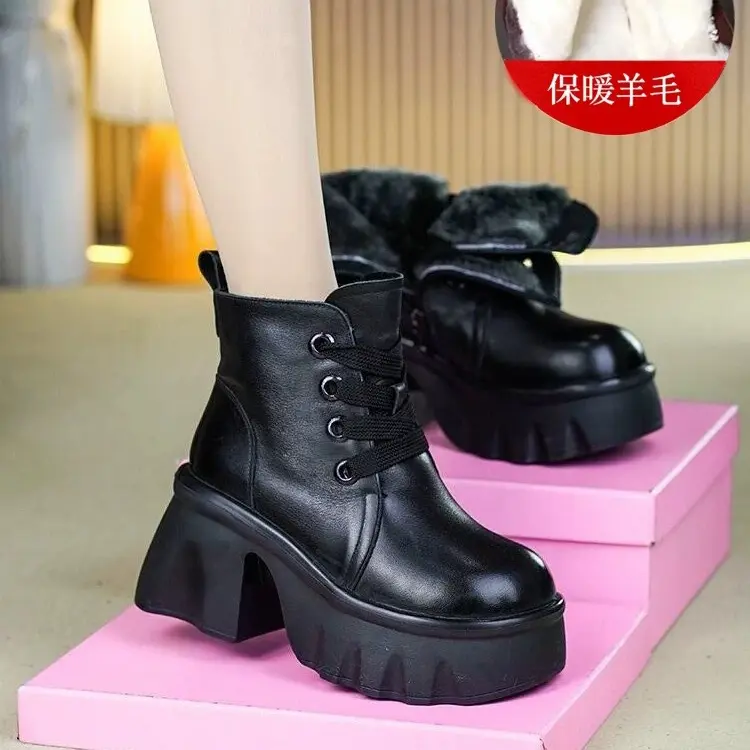 真皮时尚厚底马丁靴头层牛皮粗跟增高短靴冬复古英伦风加绒女靴