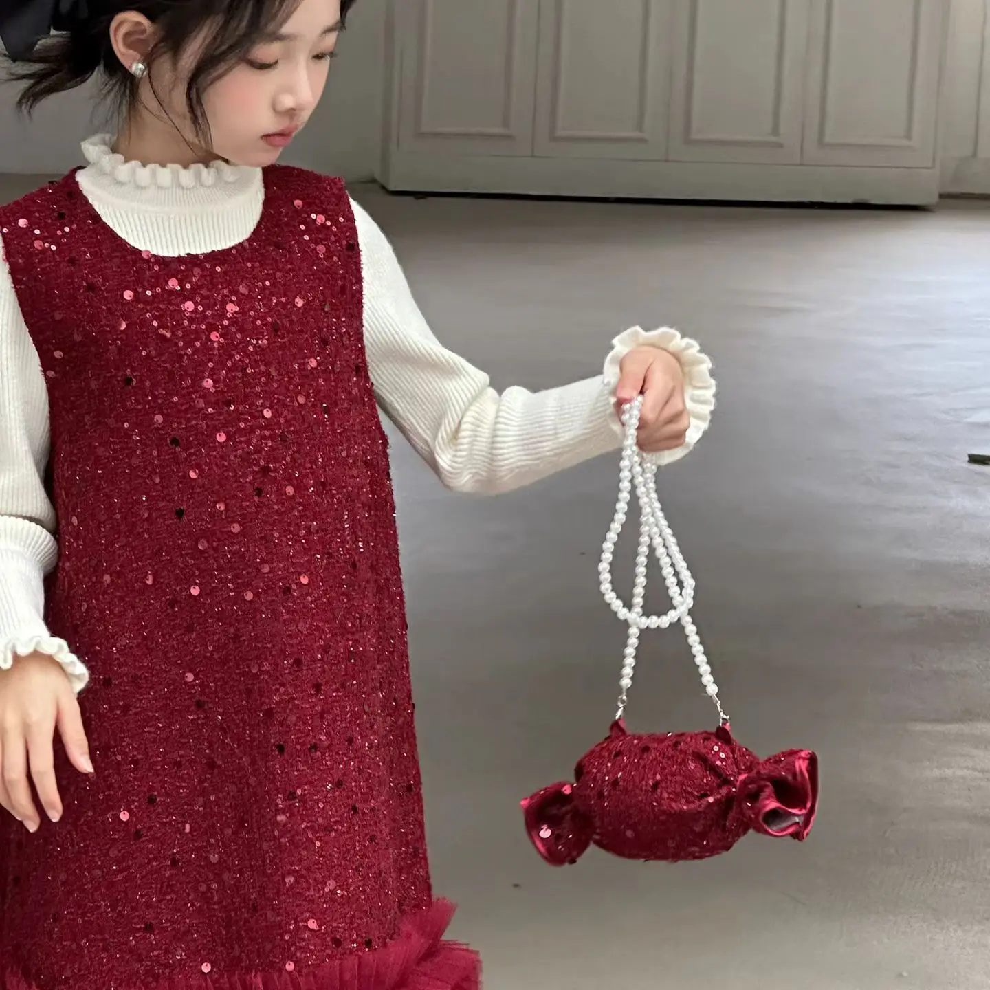 825113女童小香风加绒红色背心裙洋气公主裙冬季拜年服连衣裙