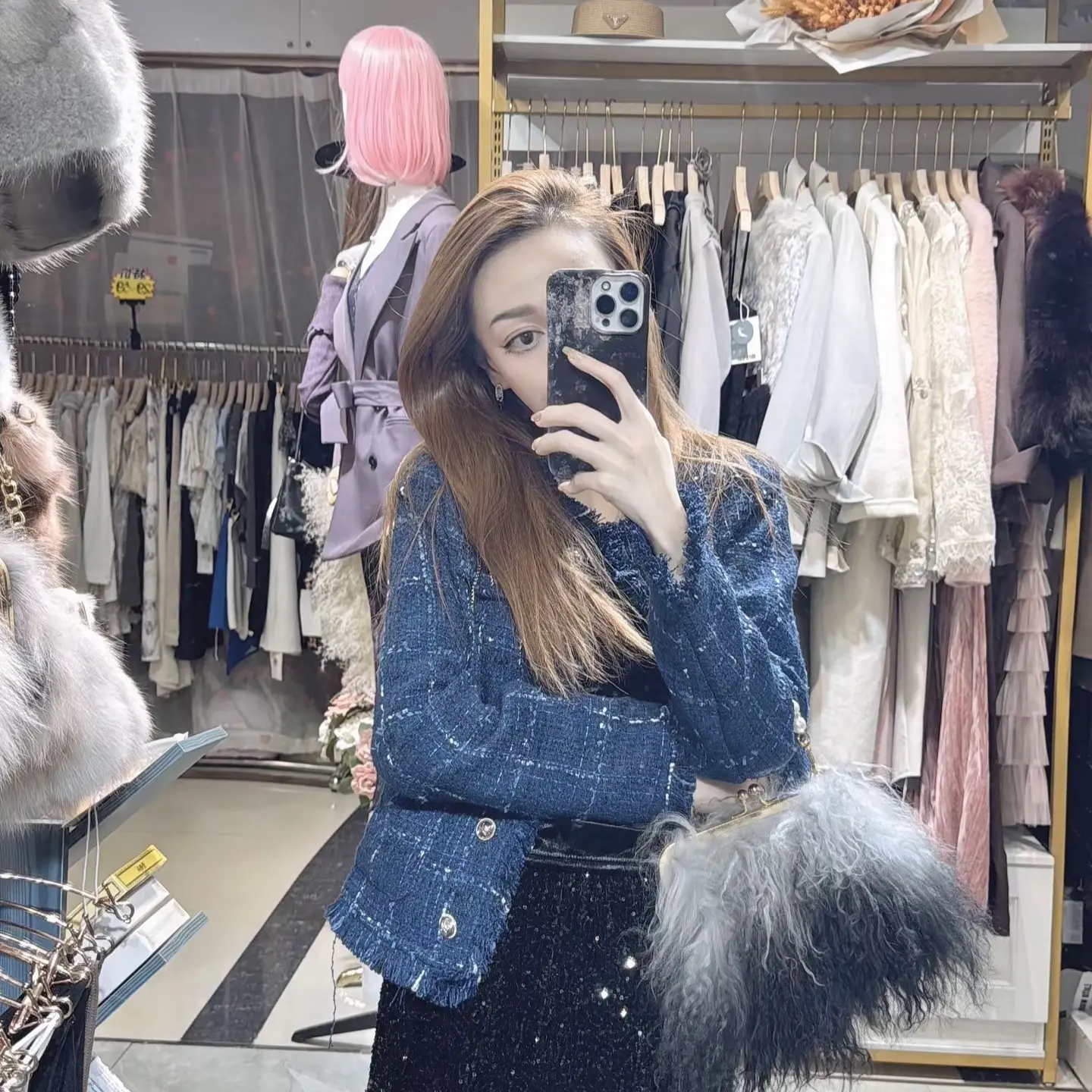 秋冬黑色亮片高腰显瘦中长半身裙女款直筒开叉小众设计