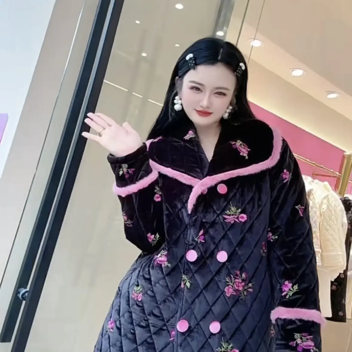 三层夹棉加厚刺绣大翻领双排扣保暖可外穿冬季女士家居服套装