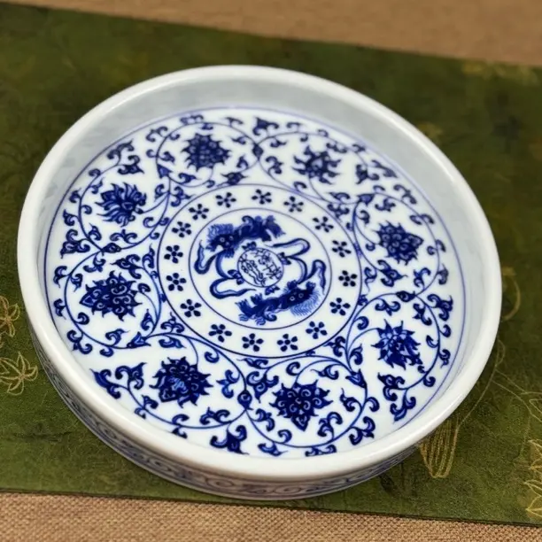 手工手绘青花缠枝莲纹陶瓷壶承功夫茶具配件