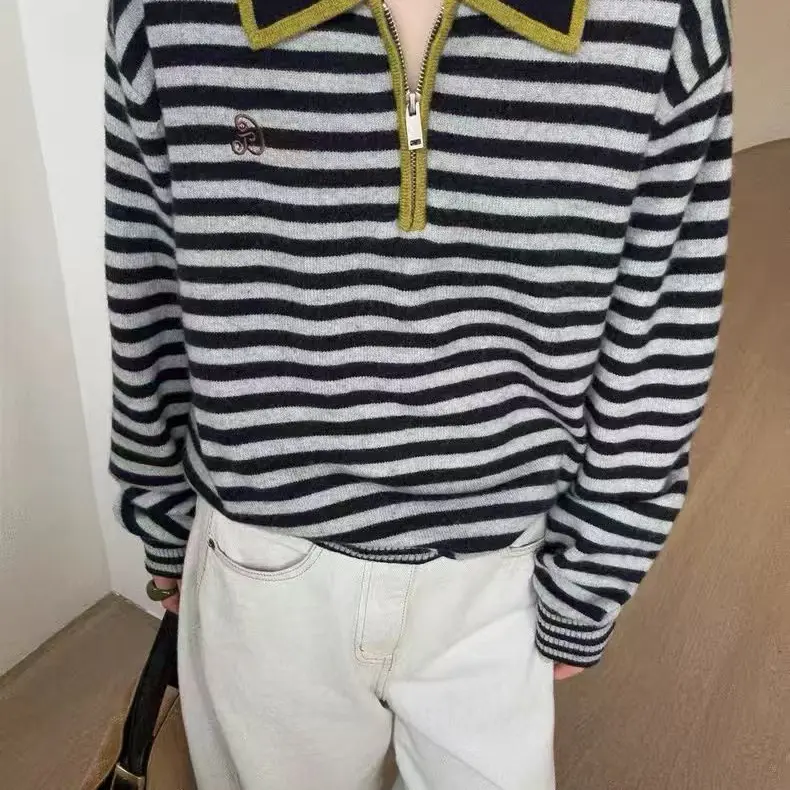 韩系简约小众宽松复古条纹针织衫女秋冬内搭上衣