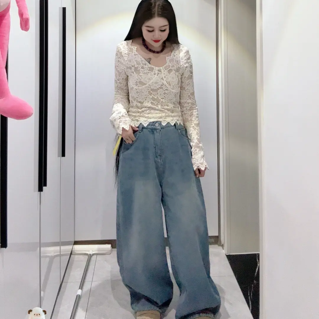 美式潮酷水洗设计感弯刀阔腿牛仔裤女春夏宽松显瘦垂感高腰直筒裤