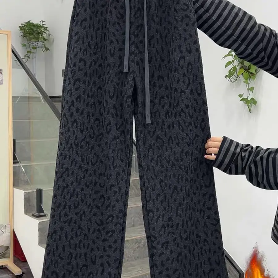 酷芭芭～秋冬女款1287加绒豹纹高腰直筒裤