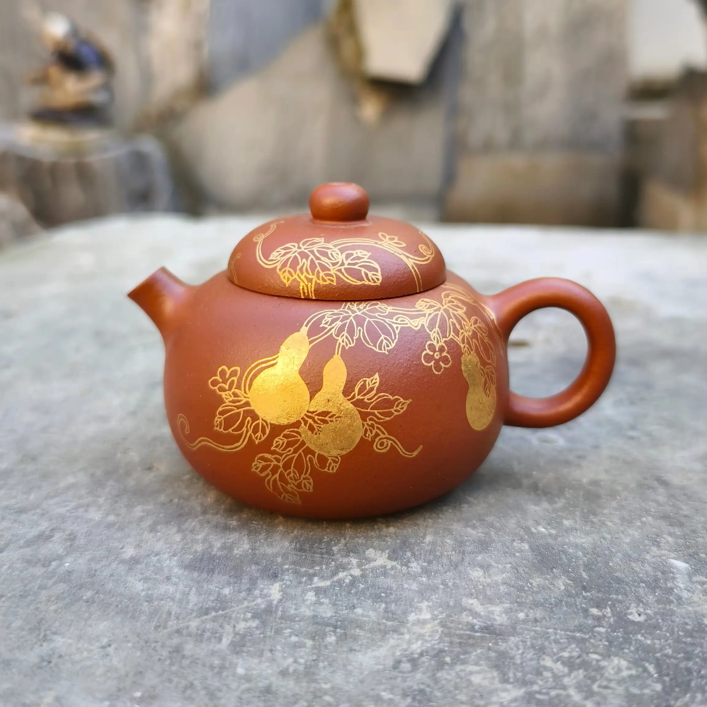 【香玉堂描金系列～葫芦】（福禄）五福薄胎内推球孔朱泥小品100cc