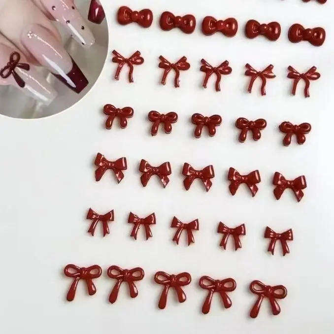 新年款车厘子红蝴蝶结美甲饰品法式安可拉红小领结diy指甲装饰品