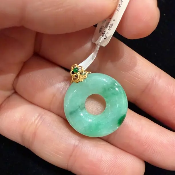 18k金镶嵌天然缅甸A货翡翠飘花甜甜圈吊坠福利品3-234