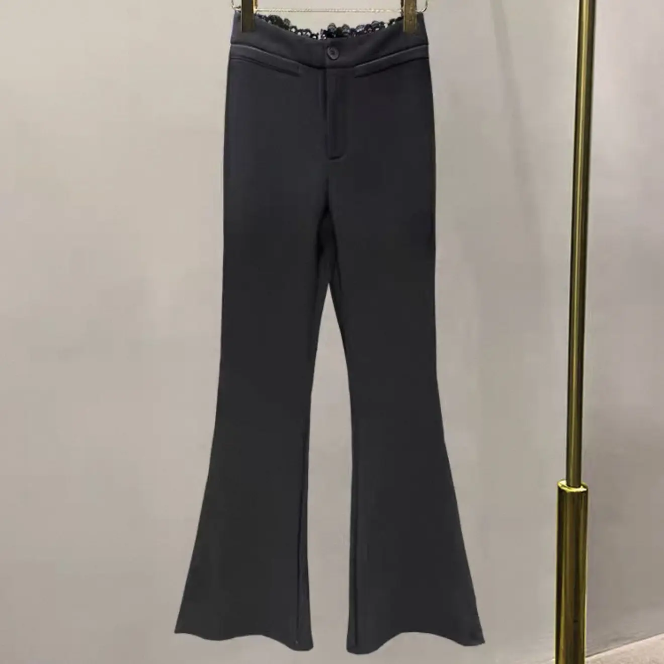 80847蕾丝拼接高腰微喇加绒西装裤女秋冬显瘦弹力修身