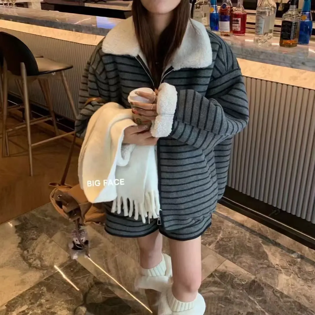 n～不挑人舒适区韩版加绒条纹卫衣外套短裤套装