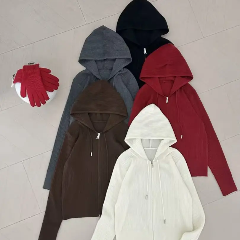 欧货时尚百搭秋冬打底单穿显瘦洋气双头拉链桑蚕丝绵羊毛连帽上衣