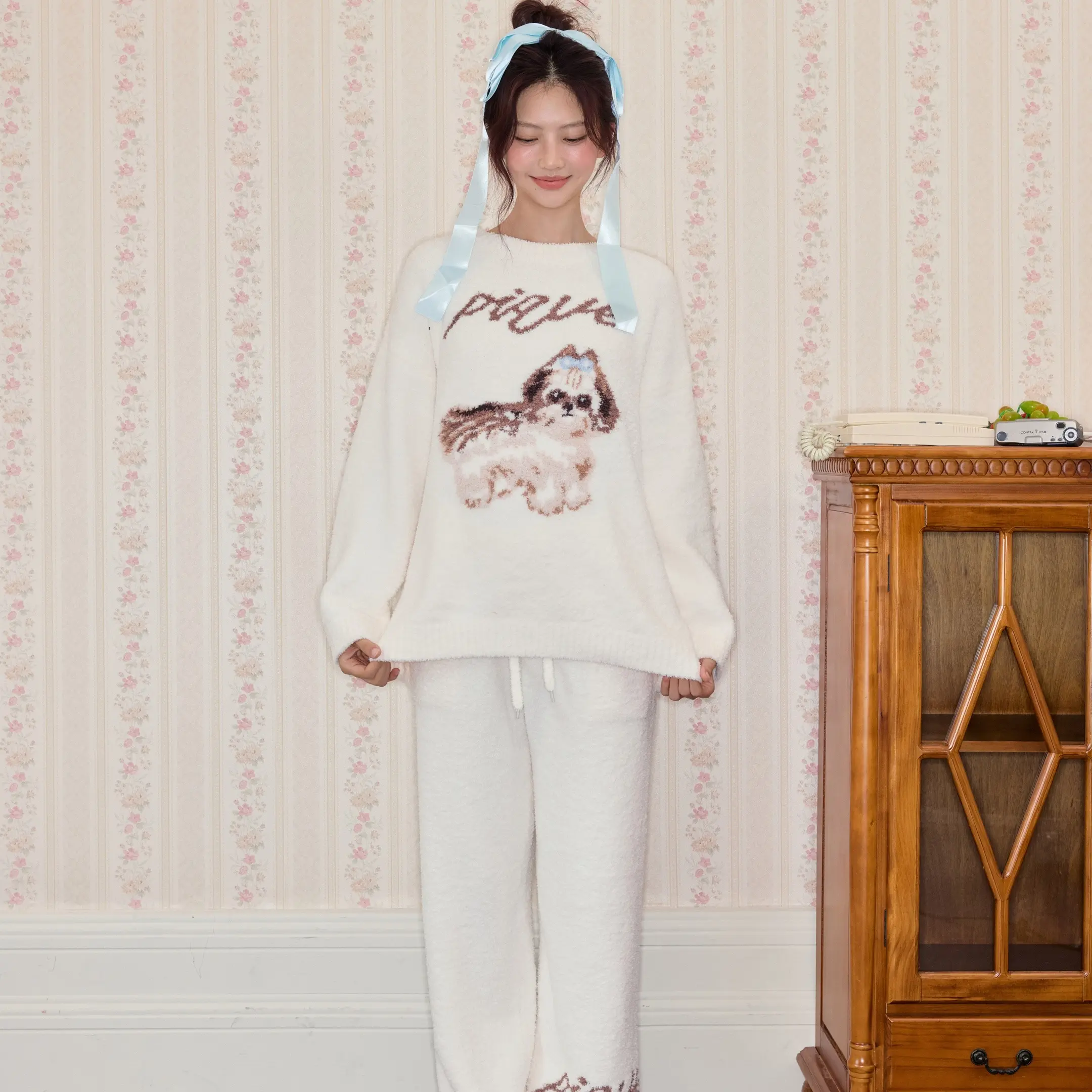 冬季西施犬半边绒加绒加厚保暖可外穿长袖长裤家居服套装