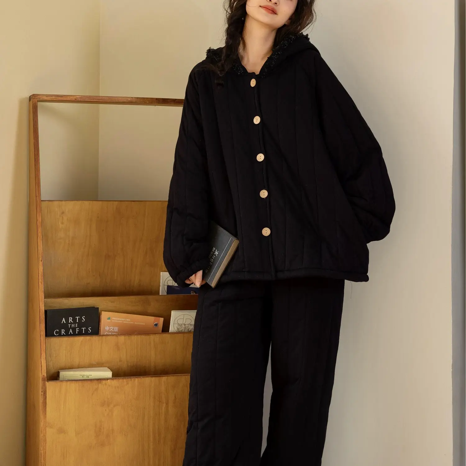 韩版连帽三层加厚夹棉加绒宽松秋冬季保暖可外穿睡衣家居服套装