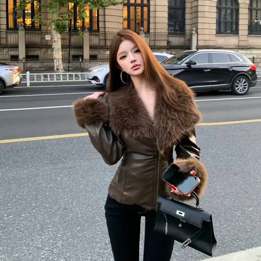 【FF】冬季新款美拉德风毛领短款皮外套保暖百搭显瘦女