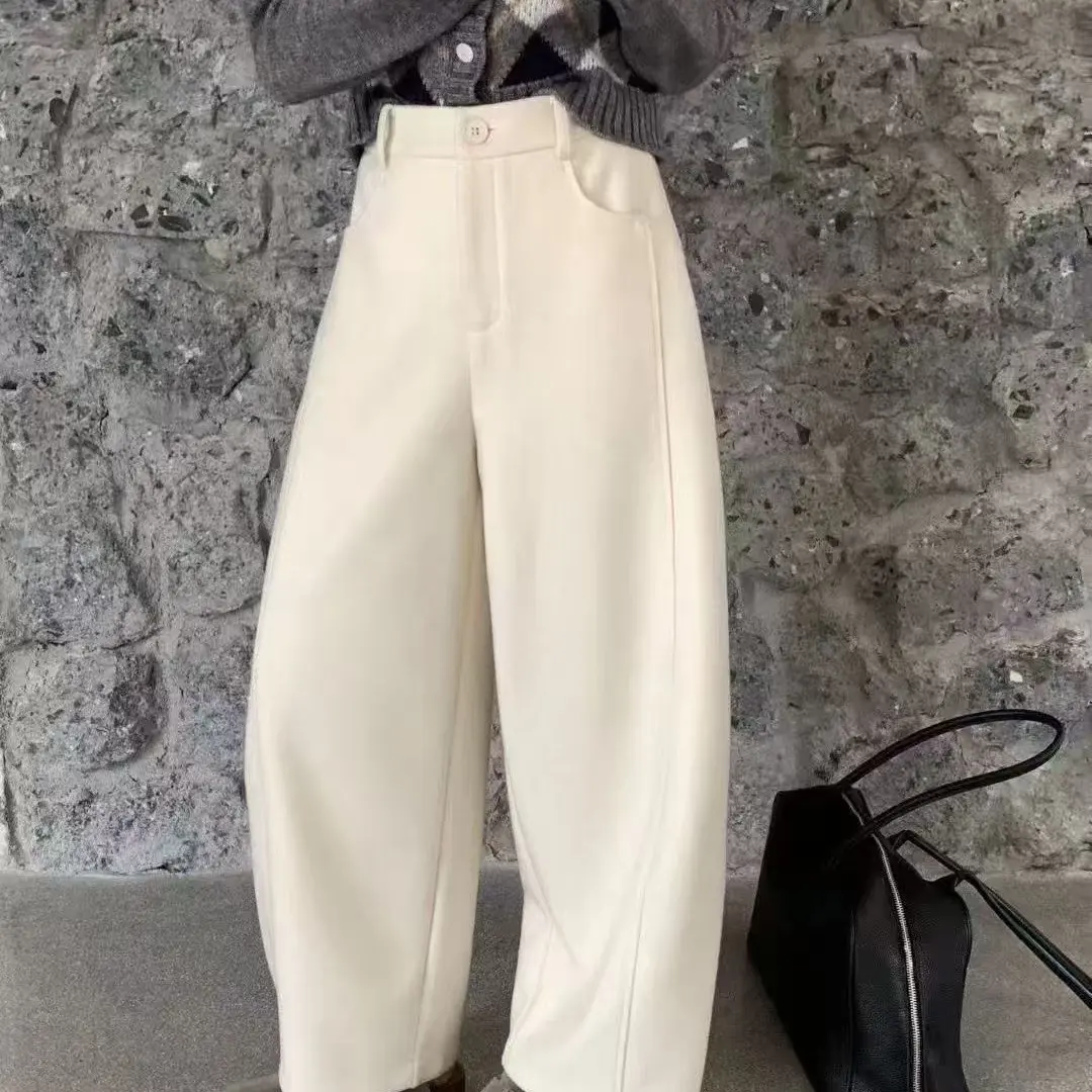 9836秋冬高腰显瘦弯刀阔腿裤女呢垂感休闲直筒长裤