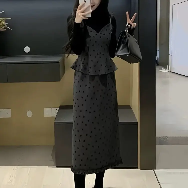 大码女装胖mm打底衫+毛呢吊带+毛呢长裙显瘦三件套