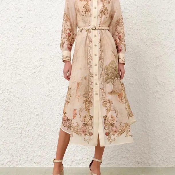 气质地图印花衬衣领设计感腰带复古大摆中长款连衣裙