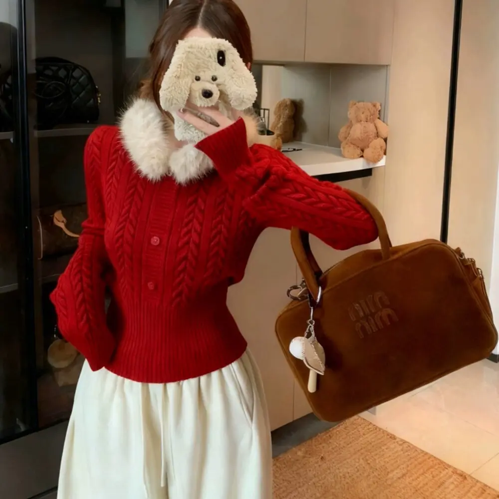 秋冬纯欲风可拆卸毛领麻花针织衫女款百搭毛衣上衣