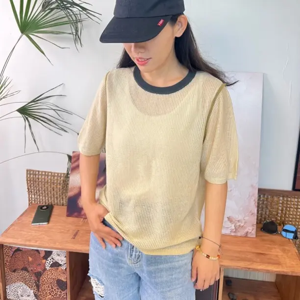 山果家 真丝羊毛老钱风拼色圆领衫