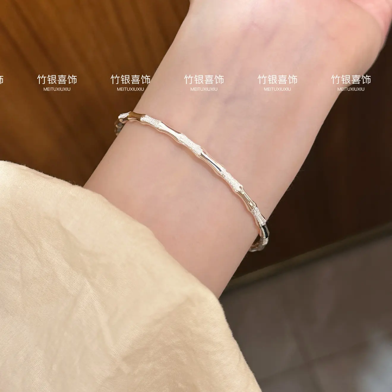 足银手镯 足银999.9 细圈钉沙闭口竹节银手镯简约百搭 重约9克