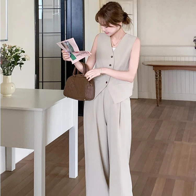2025新款时尚百搭夏季无袖休闲卡其色西装马甲阔腿裤套装两件套