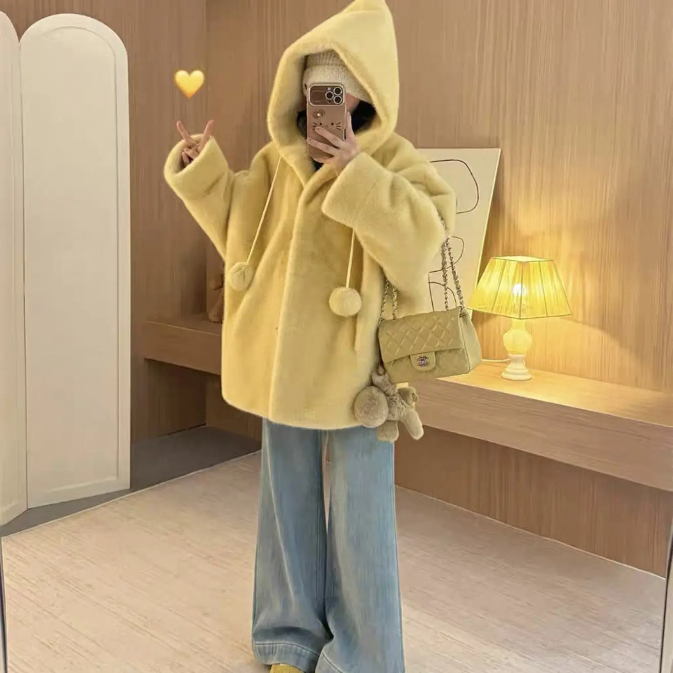 冬软乎乎宽松连帽显瘦保暖毛毛外套仿皮草淡蓝色减龄环保戴帽外套