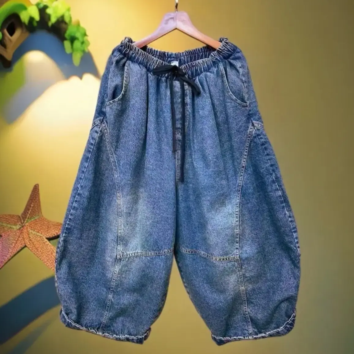 冬款加棉加厚做旧水洗宽松哈伦牛仔裤松紧腰休闲厚款长裤