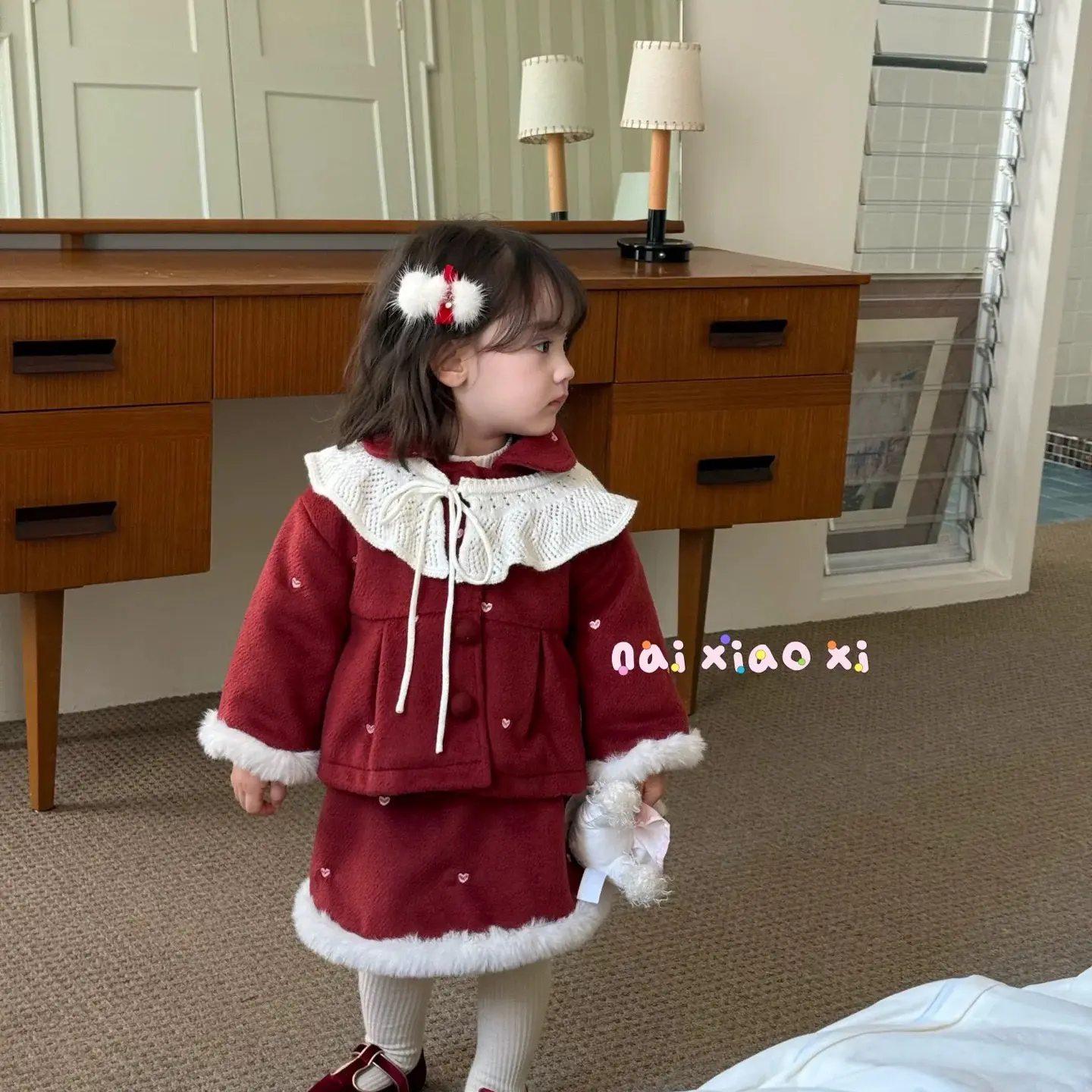 奶小西2025深秋冬新款婴童韩系女宝宝红色毛呢套装拜年服生日裙