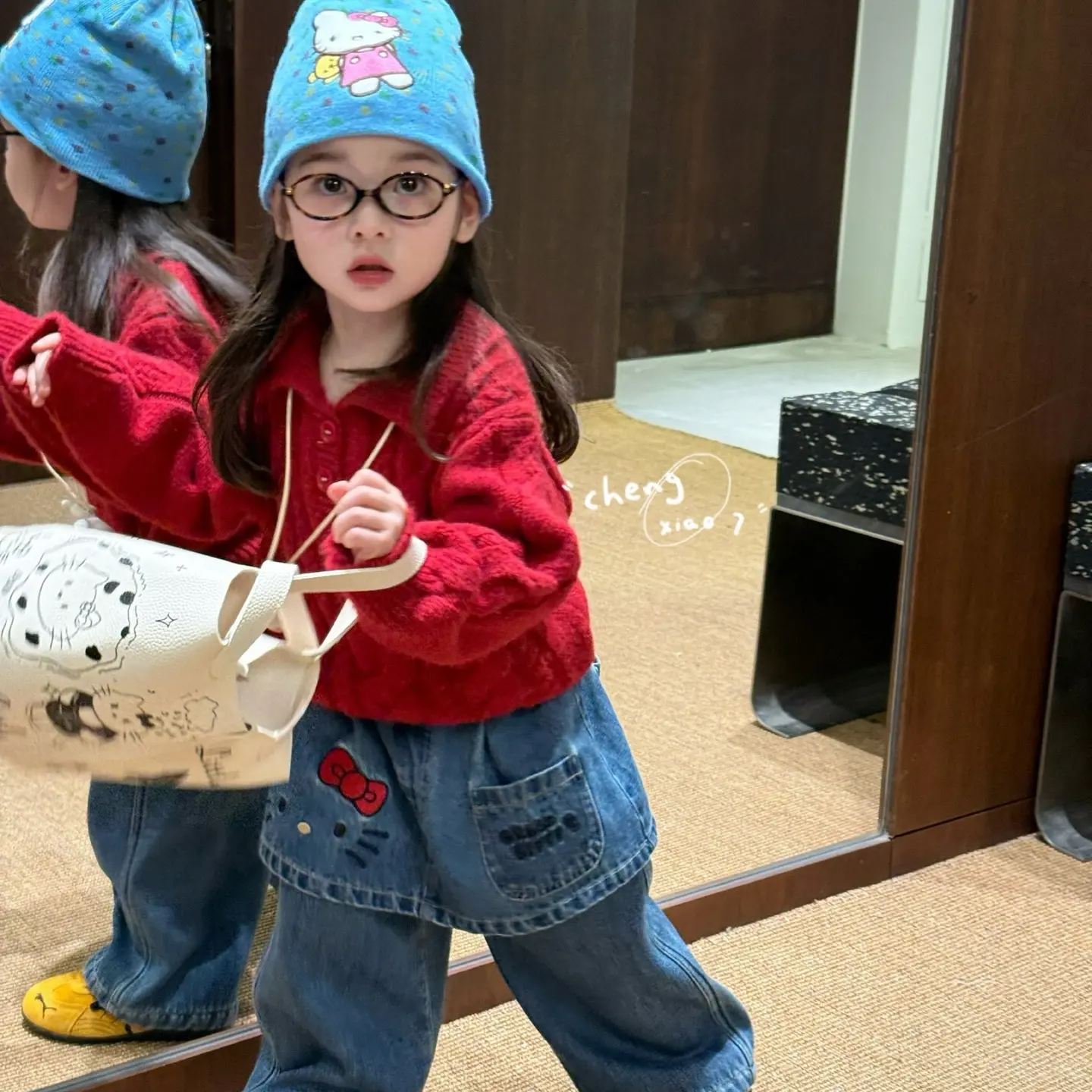 【橙小七】2025秋冬款新款女童翻领立领针织衫毛衣屁帘kitty牛仔裤