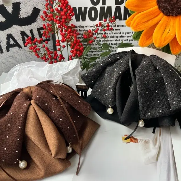 复古波点珍珠蝴蝶结抓夹女后脑勺半扎发气质鲨鱼夹头饰针织发饰