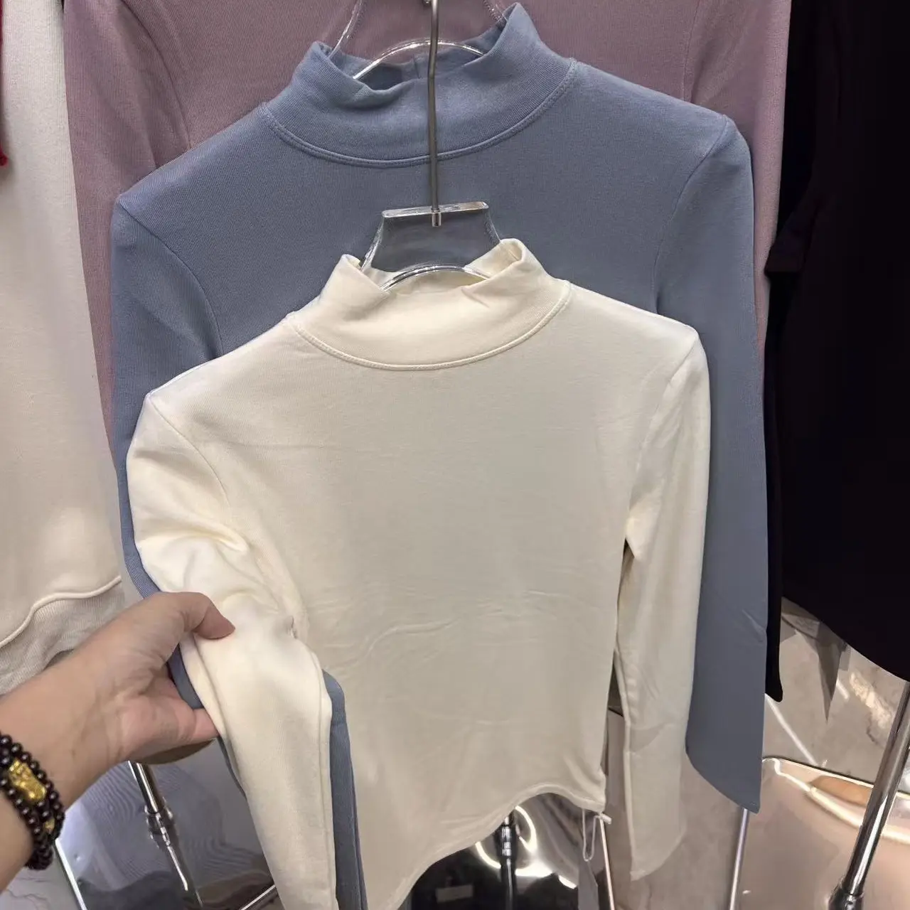 女德绒磨毛半高领内搭打底衫纯色套头长袖正肩T恤秋冬百搭5383