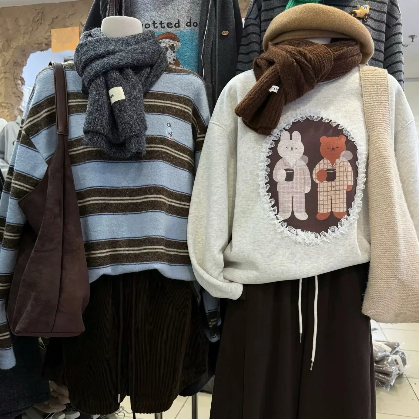 正版！兔毛绒撞色条纹羊绒手感圆领长袖针织T恤女圆领毛衣条纹毛衣