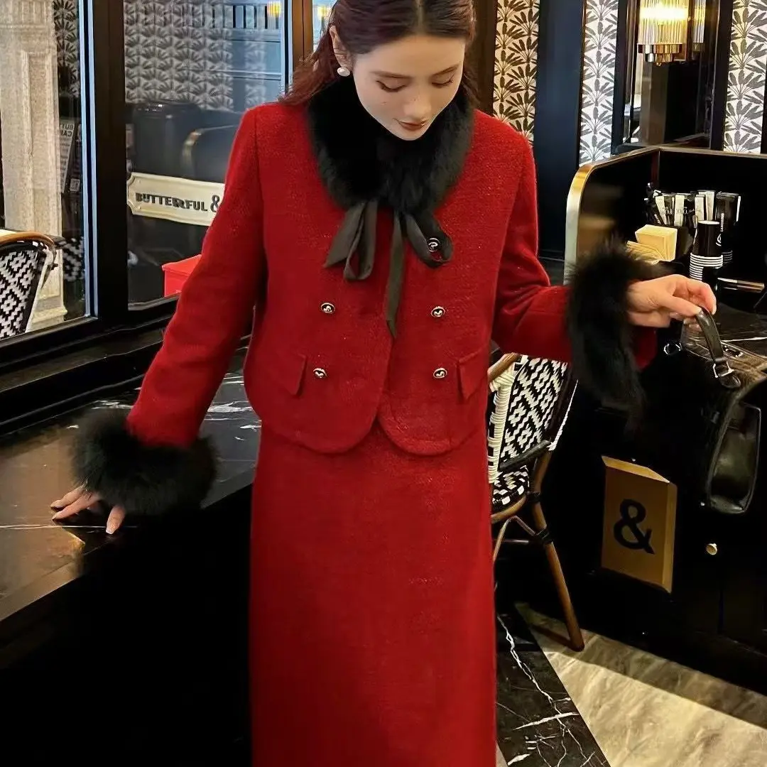 张芳女装小香风拼接毛呢气质半身裙两件套冬季新款显瘦轻奢