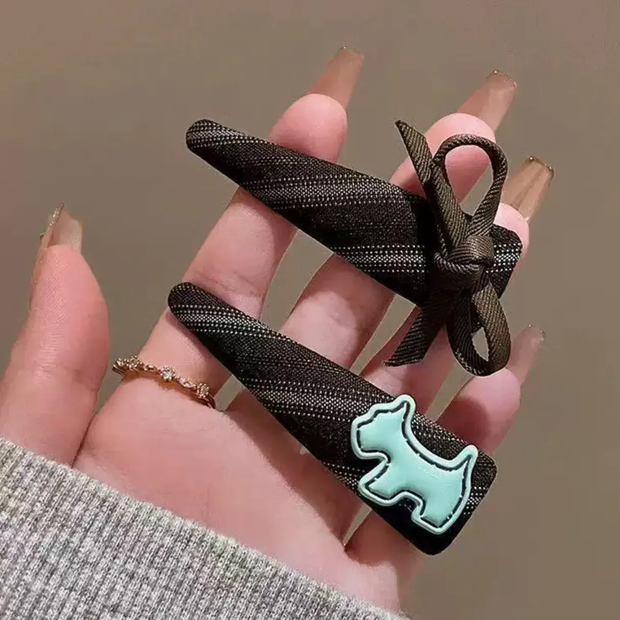 韩国复古蓝咖小狗蝴蝶结刘海发夹