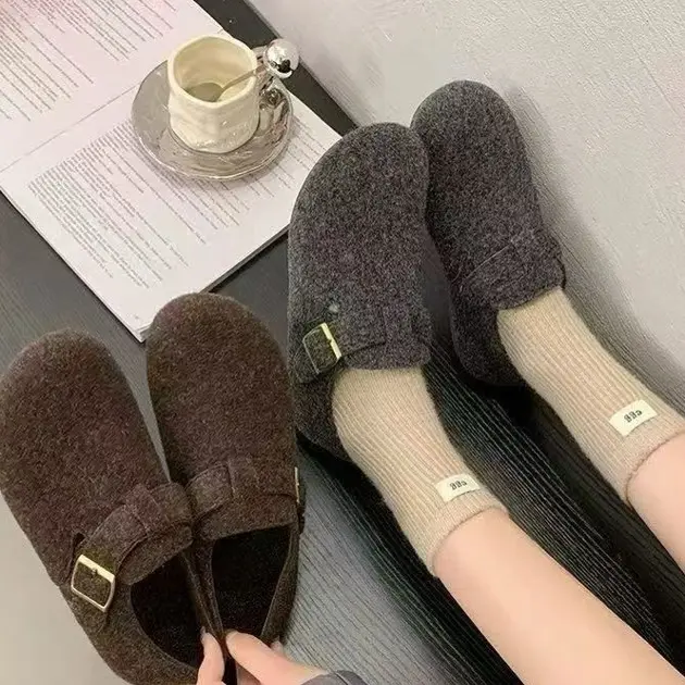 加绒厚底毛呢勃肯鞋女外穿百搭保暖软底懒人毛毛鞋秋冬款棉鞋