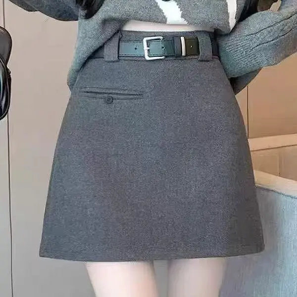 秋冬高腰显瘦毛呢A字百搭半身裙