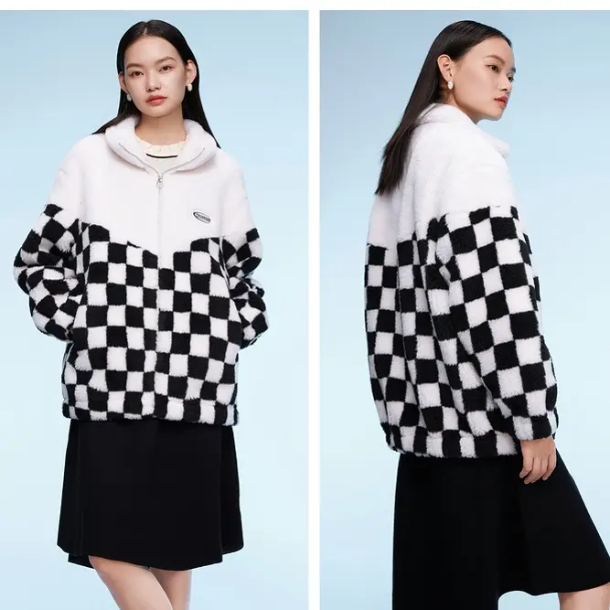 冬季加绒颗粒绒外套女撞色拼接立领保暖休闲百搭厚外套