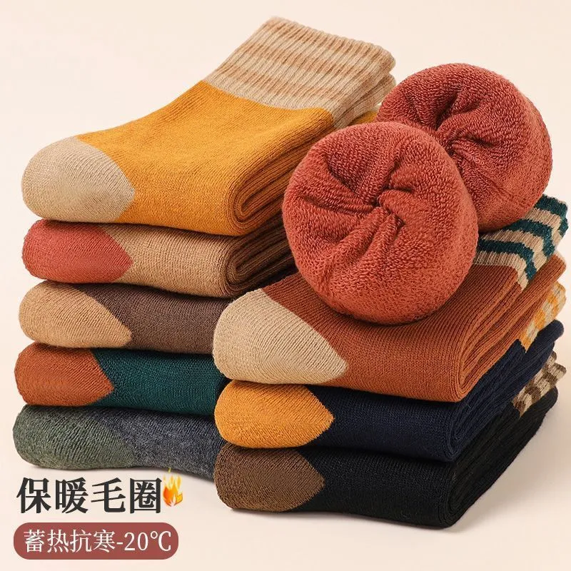 加厚袜子秋冬季加绒毛圈条纹女士保暖中筒男女同款中筒袜毛巾袜