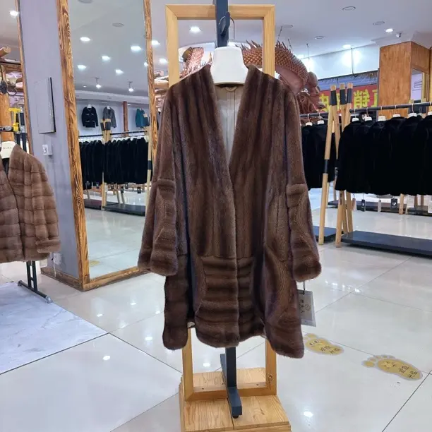 咖色全抽刀中长款百搭进口水貂秋冬皮草外套大衣