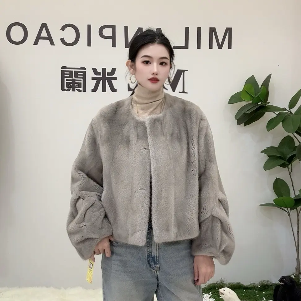 11号米蘭新款圆领天鹅绒抽褶袖水貂女士皮草外套