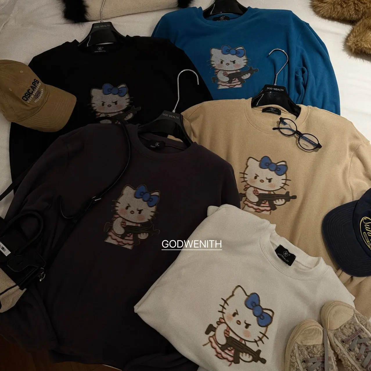 ▪️ 现货·GOD财神家正版宽松百搭kt猫印花洋气磨毛长袖T恤上衣