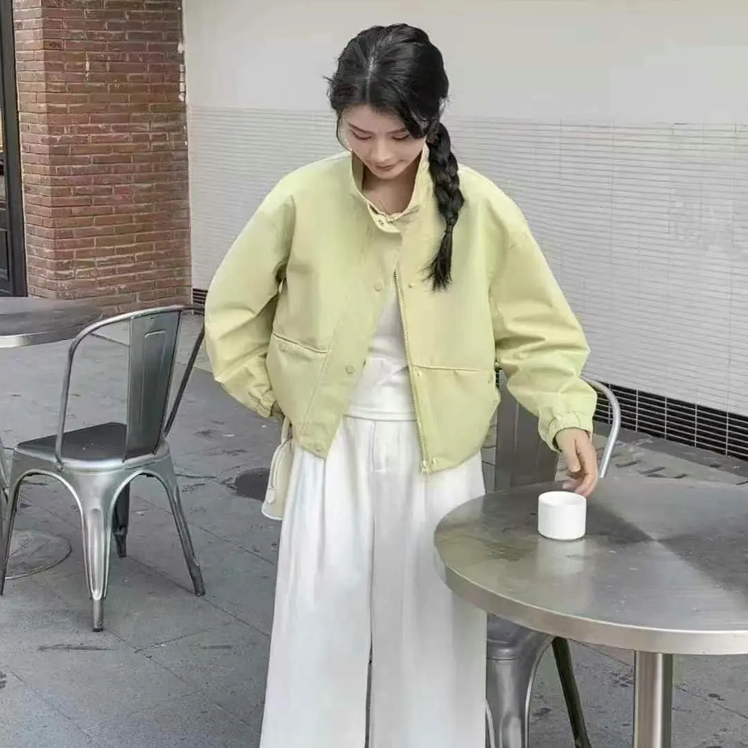 时尚褶皱插肩袖女韩版拉链休闲上衣短款春季简约短外