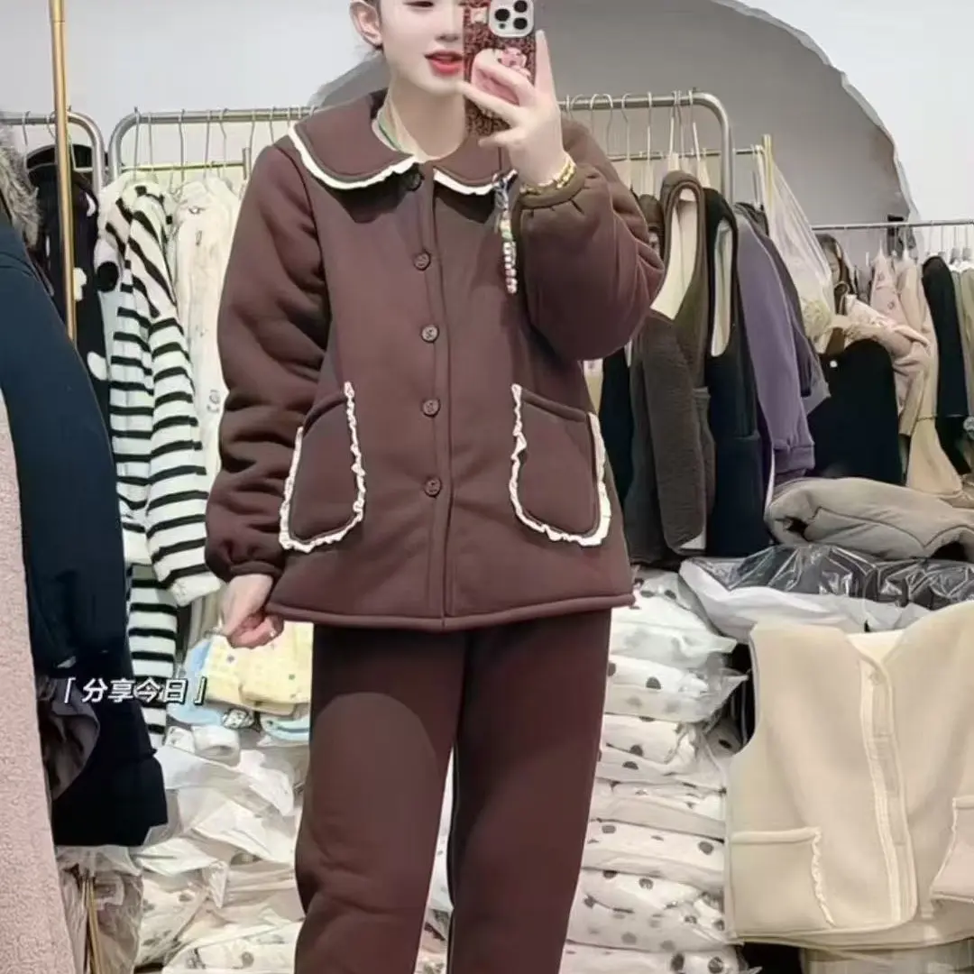 孕妇冬季三层加绒加厚翻领花边可外穿舒适家居服套装