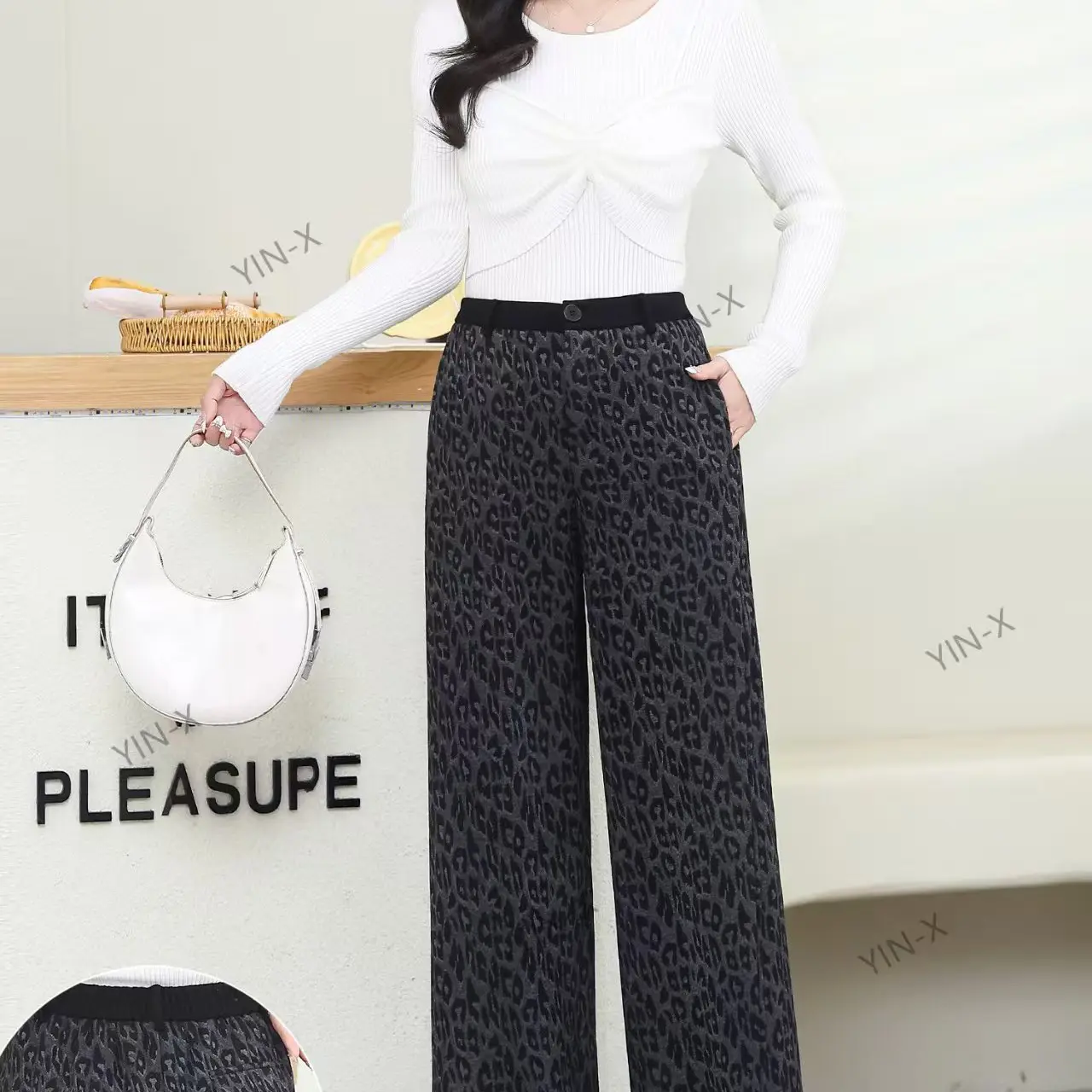 王荣女装豹纹加绒直筒裤