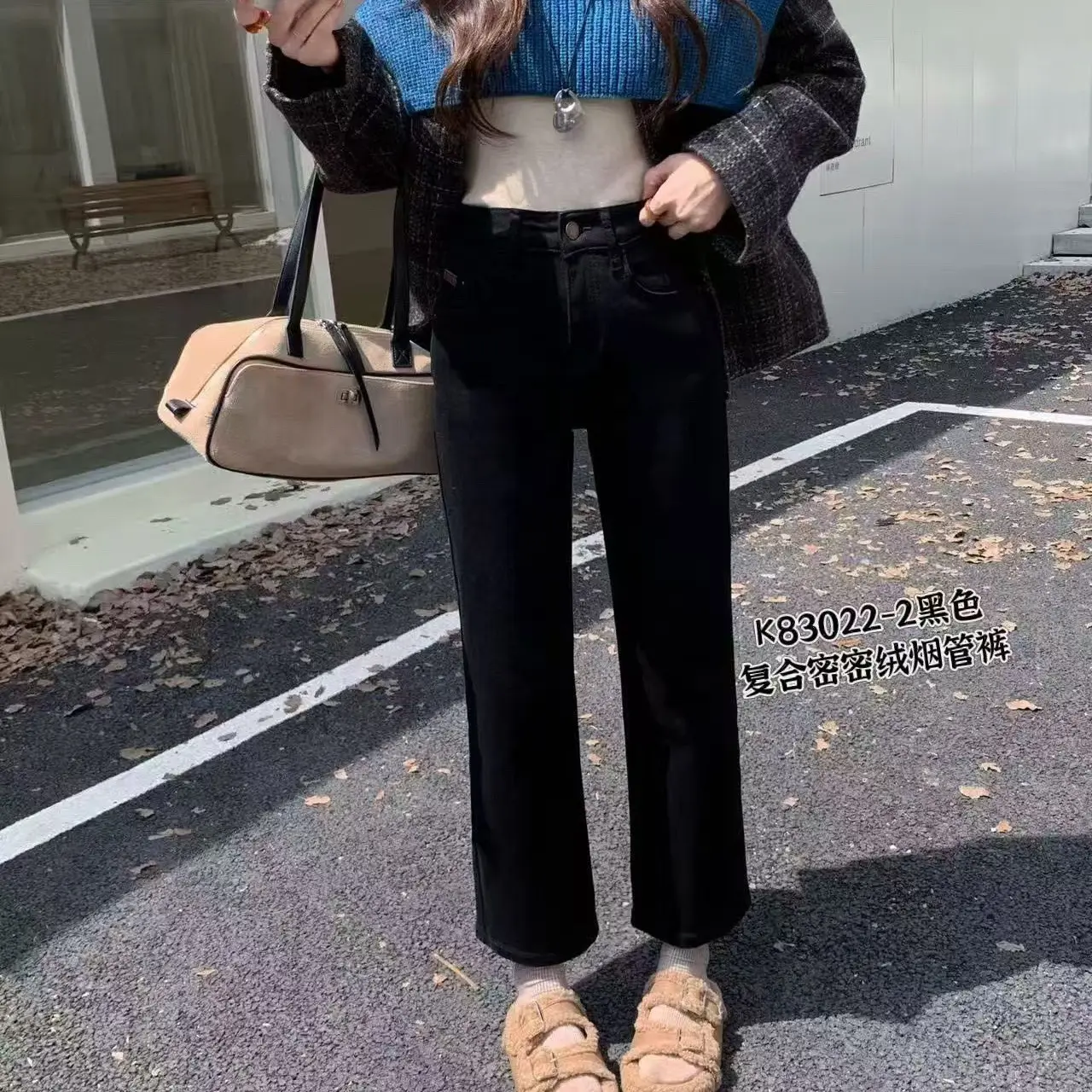 黑色中高腰显瘦显高弹力烟管裤百搭款休闲