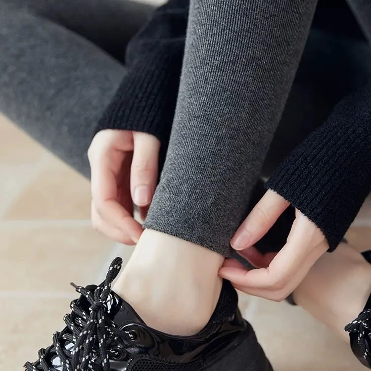 加绒竖条纹显瘦高腰九分打底裤保暖可外穿